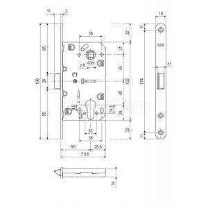 Замок межкомнатный под цил. MEDIANA EVOLUTION B01103.50.34.567 с отв. планкой B01000.13 (мат хром)